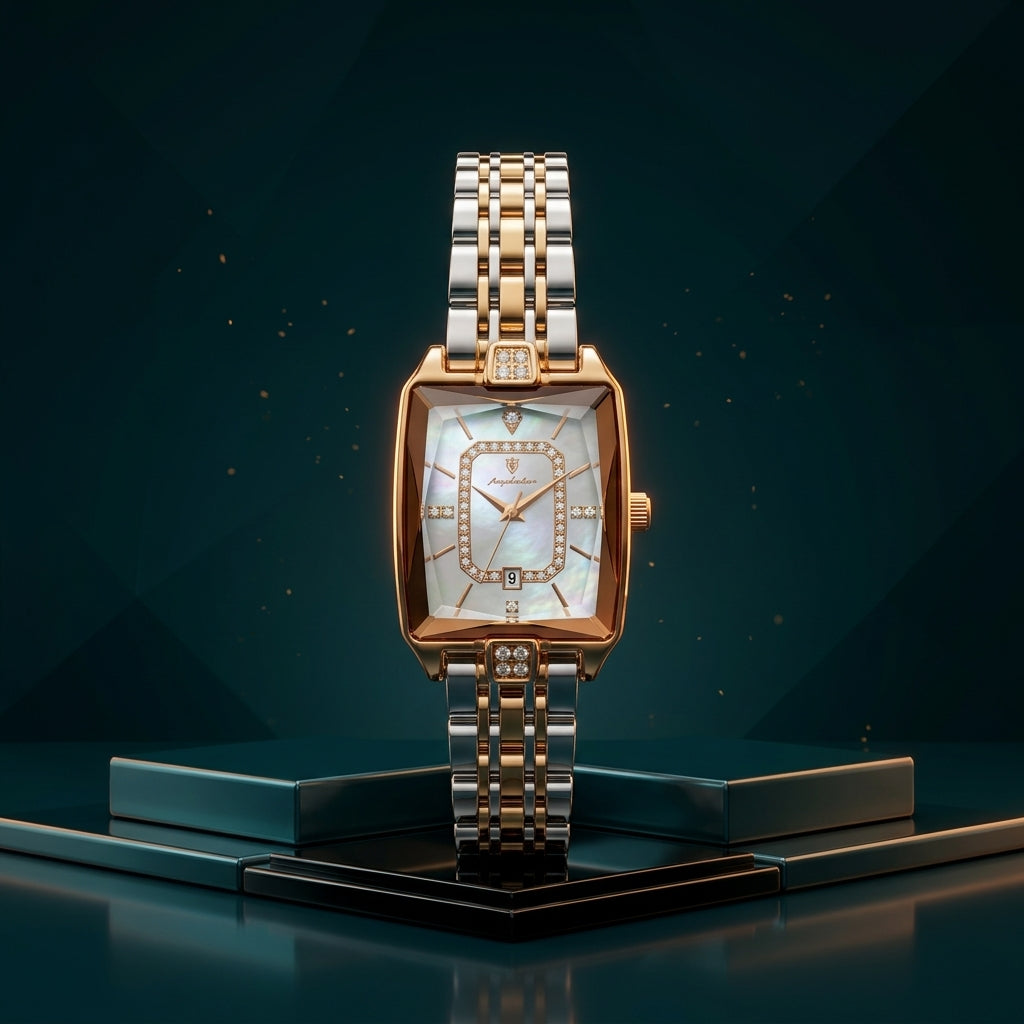POEDAGAR Ladies Quartz Watch with Steel Chain and Elegant Cut Glass Design
