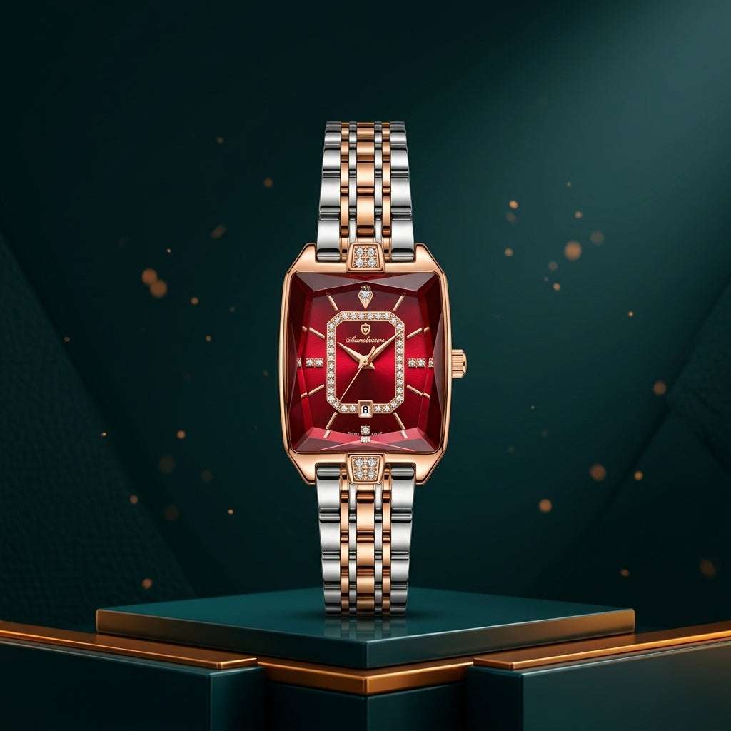 POEDAGAR Ladies Quartz Watch with Steel Chain and Elegant Cut Glass Design
