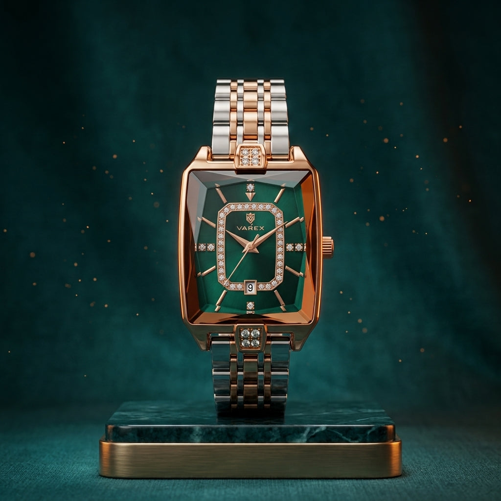 POEDAGAR Ladies Quartz Watch with Steel Chain and Elegant Cut Glass Design